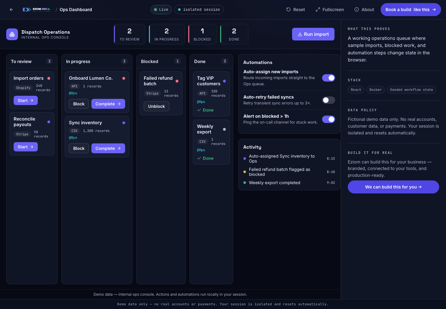 Live Eziom operations dashboard demo showing work queues, automation status, imports, and exceptions.